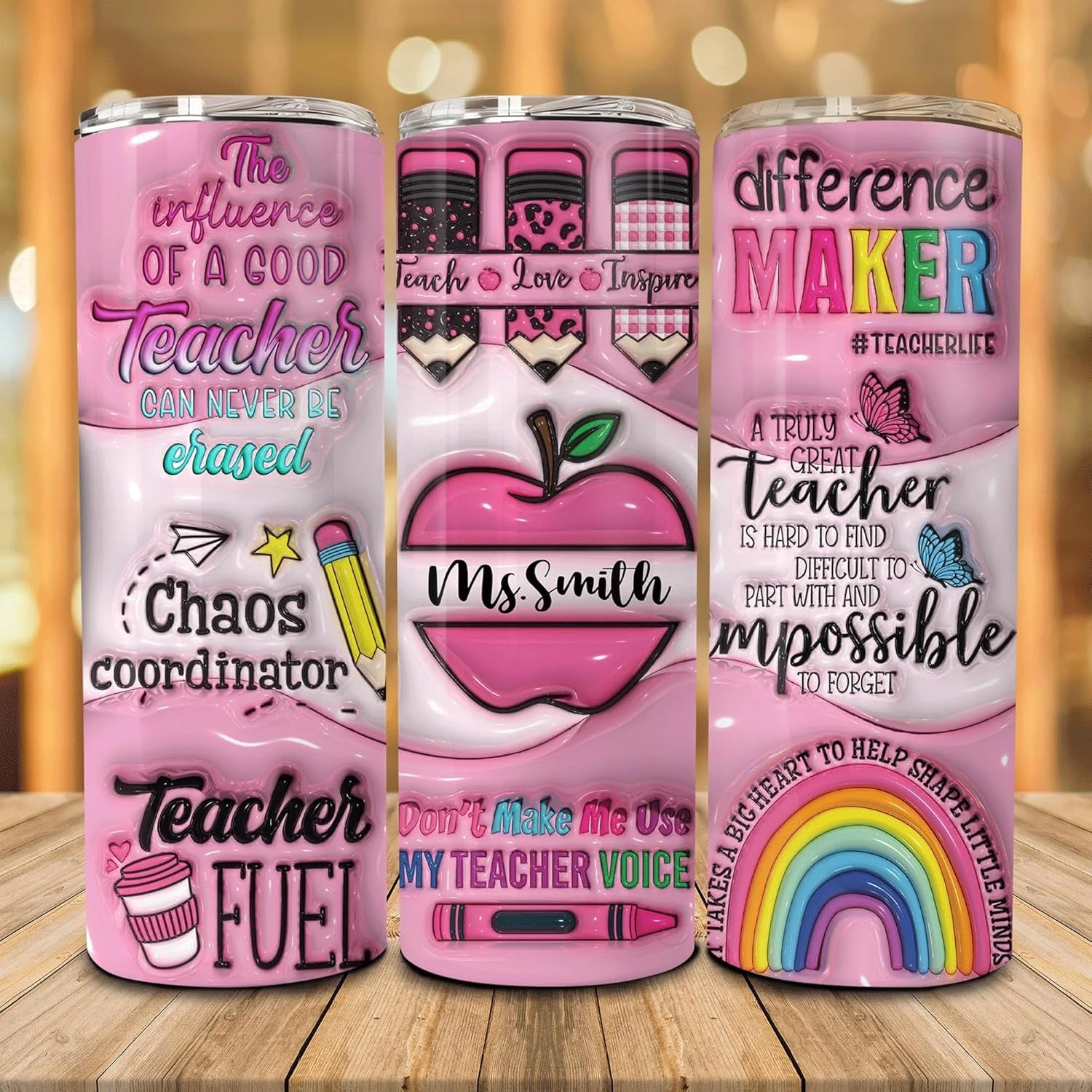 Personalized Teacher 20Oz Skinny Tumbler, Teach Love Inspire, 3D Inflated Back To School