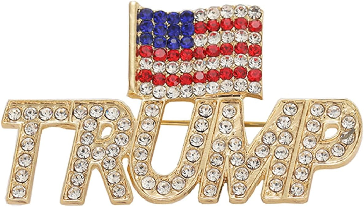 Crystal Trump with the USA Flag Word Brooch Pin, Gift For Trump Fans, Election 2024