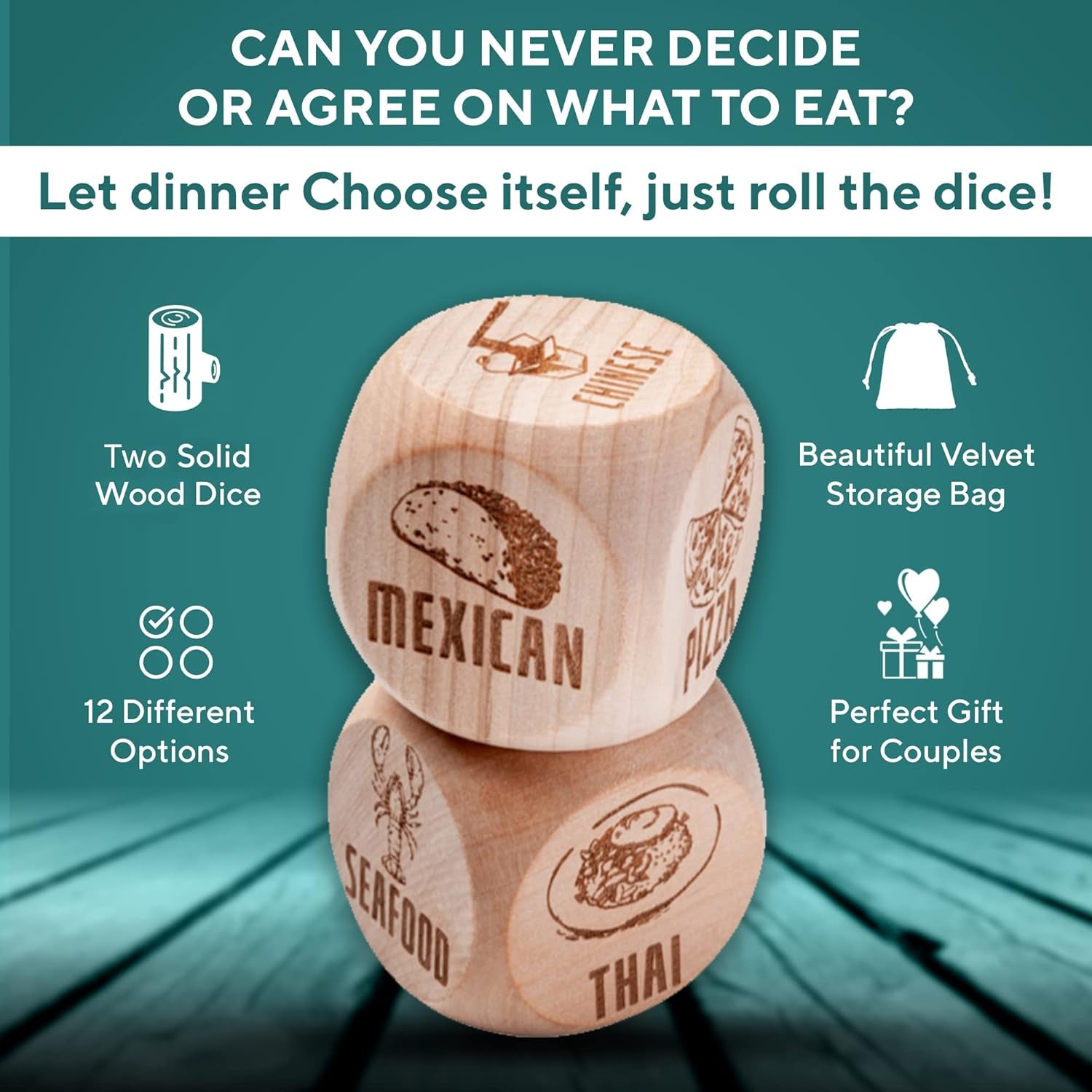 Date Night Dice for Couples 2 Engraved Wooden Food Takeout Dice Date Night Gifts for Couples Gifts for Girlfriend Fun Gifts for Her What to Eat Dice Dinner Choosing Dice for Couples