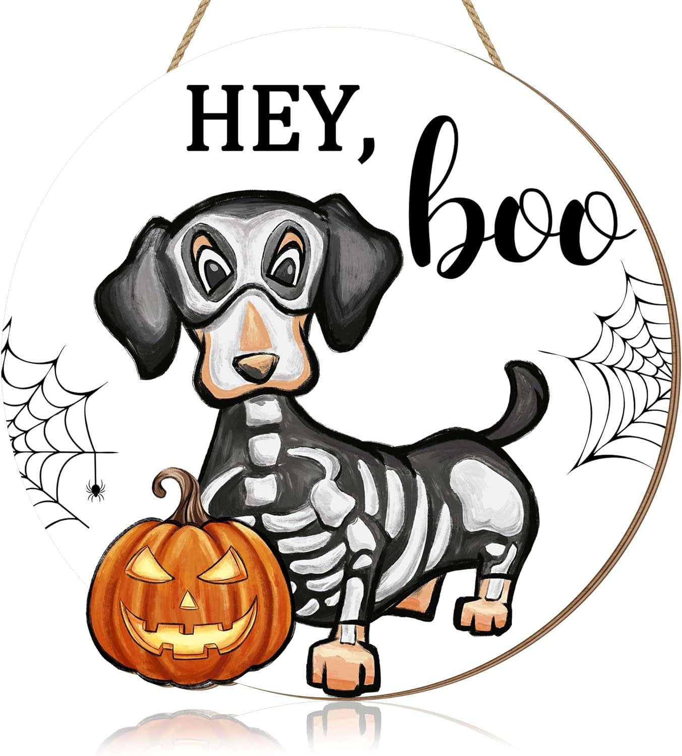 Halloween Decorations Wood Sign, Hey Boo Dachshund Pumkin Circle Door Sign, Halloween Themed Wooden Hanging Sign