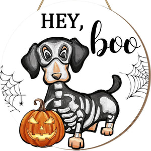 Halloween Decorations Wood Sign, Hey Boo Dachshund Pumkin Circle Door Sign, Halloween Gift For Dog Lovers