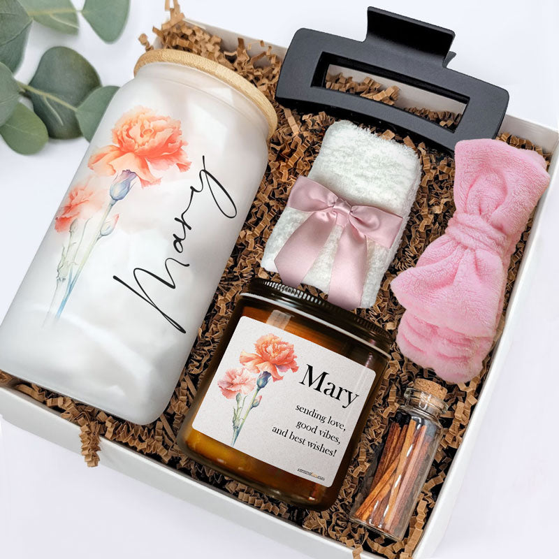 Blooms Of The Month Gift Box, Personalized Glass And Scented Candle, Birthday Gift, Gift For Mom