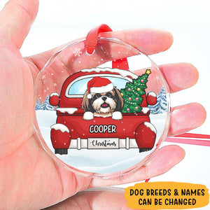 Christmas Dog Red Car, Personalized Glass Ornament, Dog Ornament, Gift For Dog Lovers