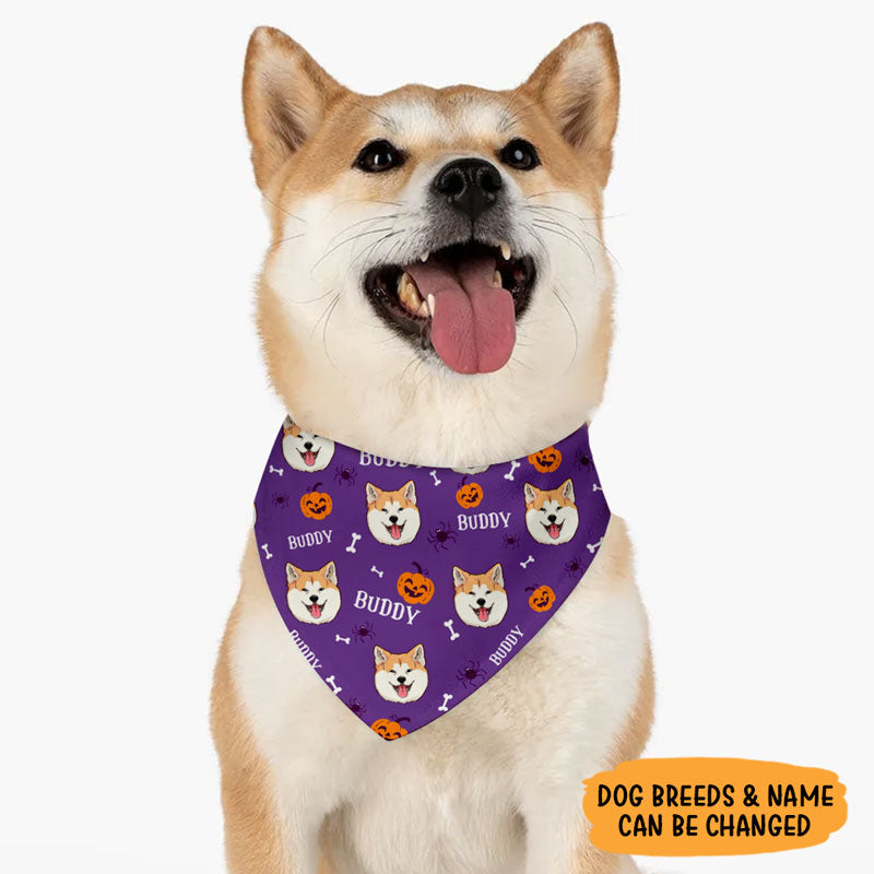 Dog Face Halloween Pattern, Personalized Bandana, Custom Dog Lovers Gifts