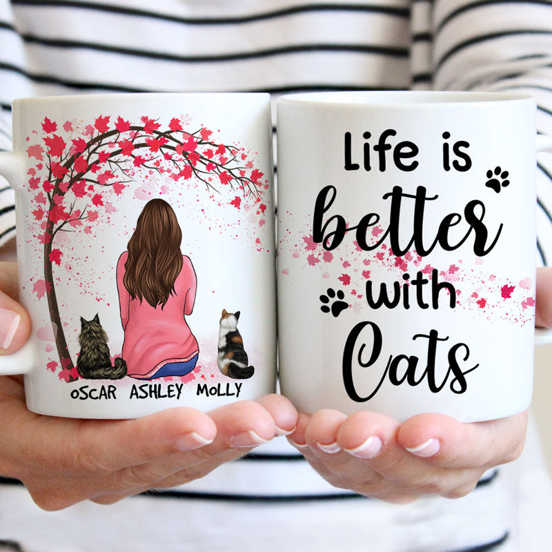 Life Is Better with Cats, Red Tree, Personalized Mugs, Custom Gifts for Cat Lovers