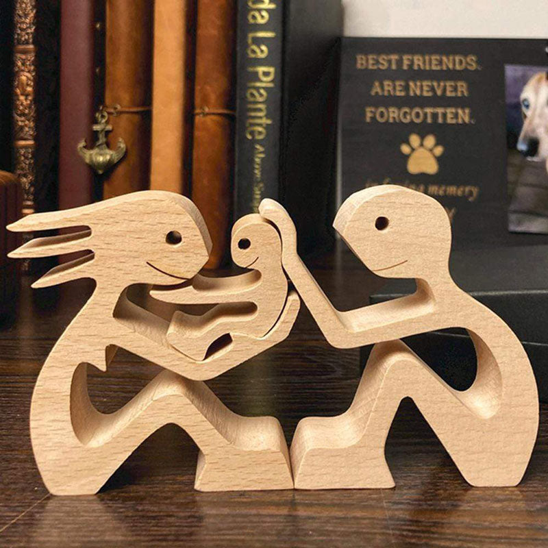 Couple Man And Woman With One Kid Wood Sculpture, Wooden Carving