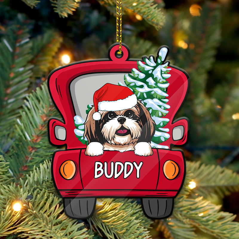 Personalized Dogs Red Truck, Christmas Shaped Ornament, Custom Gift for Dog Lovers