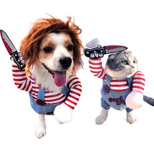 Deadly Doll Dog Costume, Knife-Wielding Canine Cosplay Outfit Dog Halloween Costume