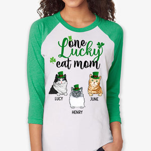 One Lucky Cat Mom, Personalized St. Patrick's Day Unisex Raglan Shirt, Custom Gift for Cat Lovers