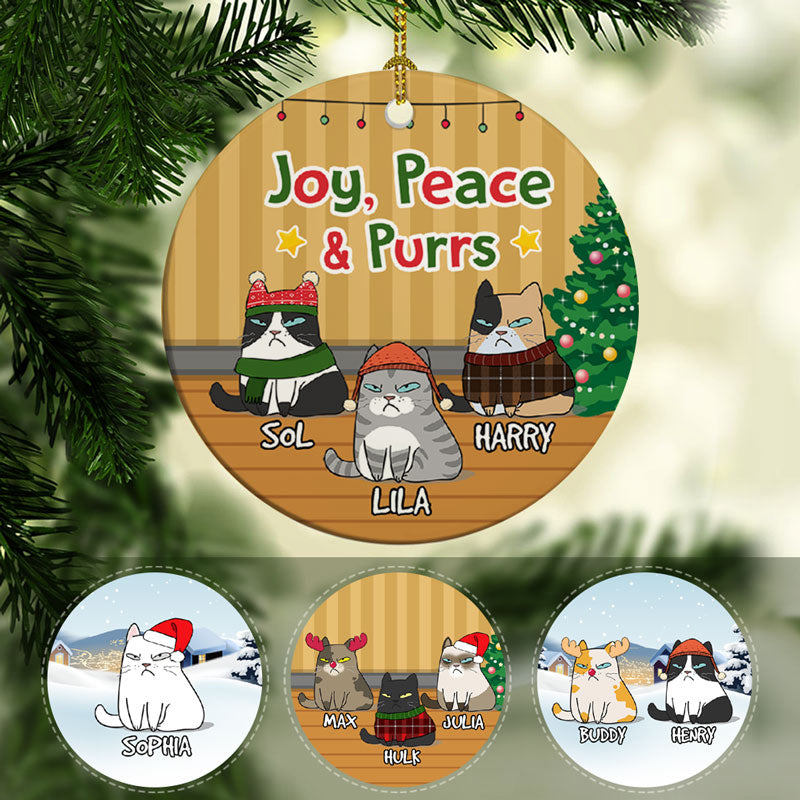 Joy Peace & Purrs, Personalized Circle Ornaments, Custom Gift for Cat Lovers