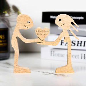 Man And Woman Stand With Heart Couple Wood Sculpture