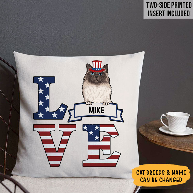 Love Cats, 4th Of July Pillow, Personalized Pillows, Custom Gift for Cat Lovers