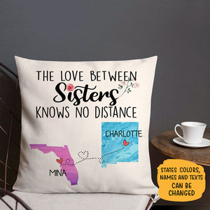 The love between Sisters Long Distance, Personalized State Colors Pillow, Custom Moving Gift For Sister