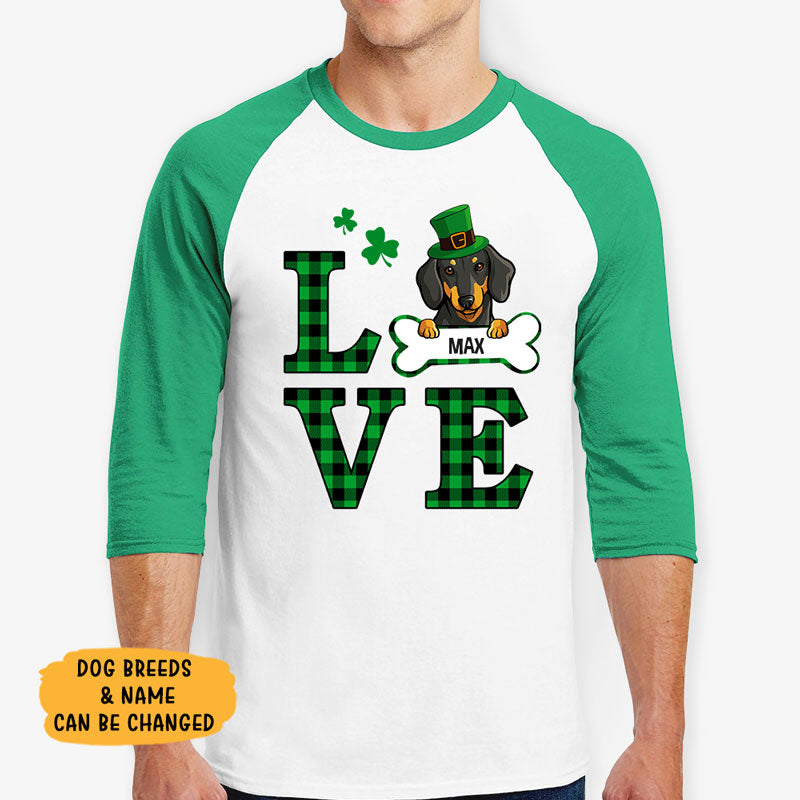 Love, Dog Lover Shirt, Personalized St. Patrick's Day Unisex Raglan Shirt, St Patricks Day