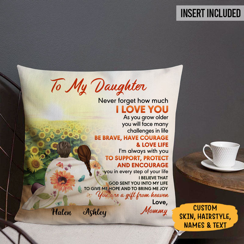 Personalized Gift To Daughter, Granddaughter Sunflower, Never Forget How Much I Love You, Custom Pillow