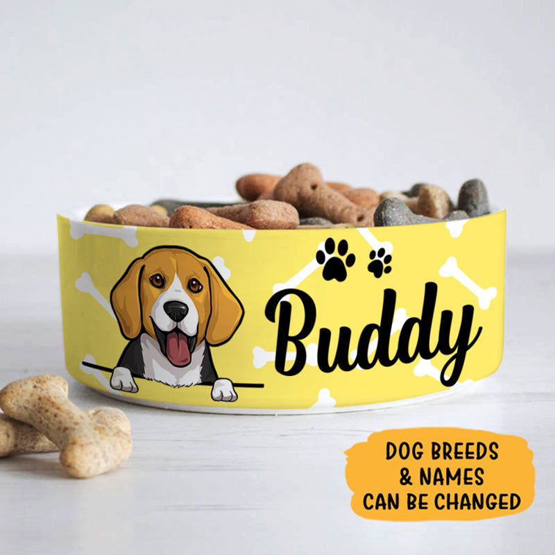 Personalized Custom Dog Bowls, White Bones Yellow Theme, Gift for Dog Lovers