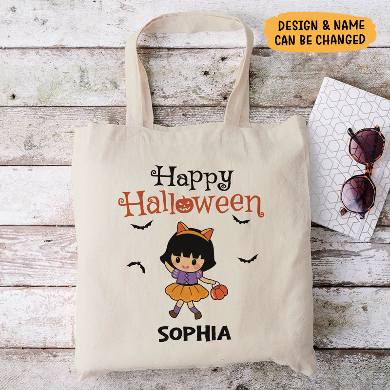 Happy Halloween, Custom Kids, Personalized Canvas Tote Bag, Halloween Bags for Kids