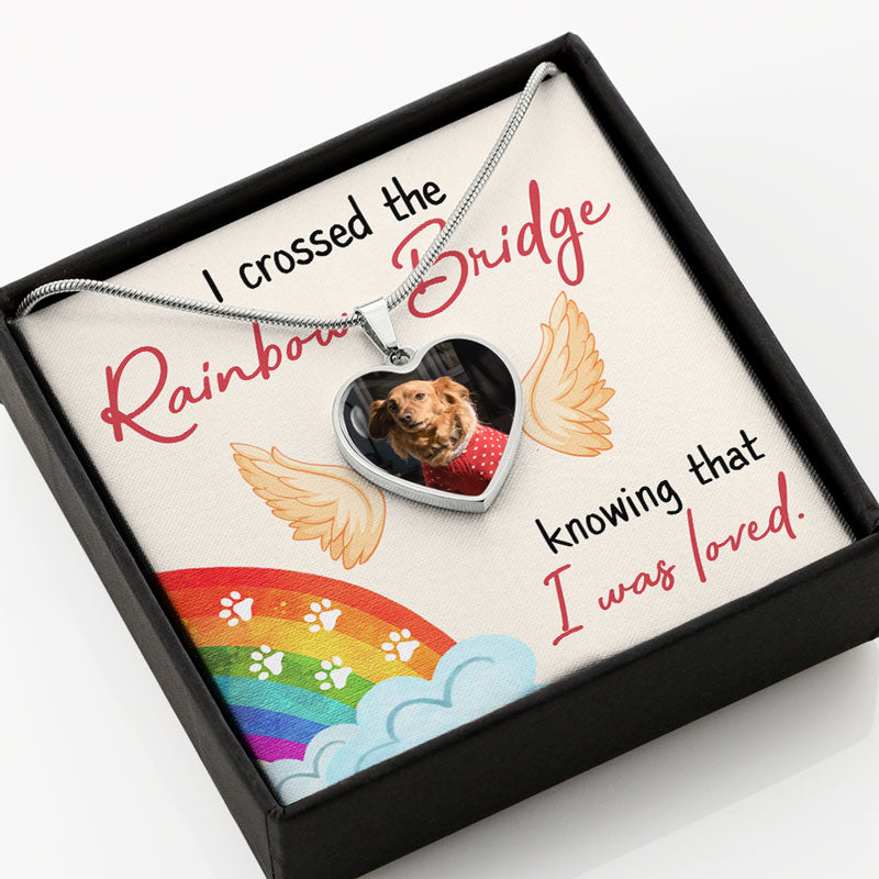 I Crossed The Rainbow Bridge, Custom Heart Pendant, Engraved Photo Memorial Luxury Necklace