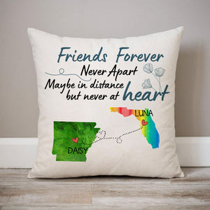 Long Distance Friends Forever, Personalized State Colors Pillow, Custom Best Friend Gift