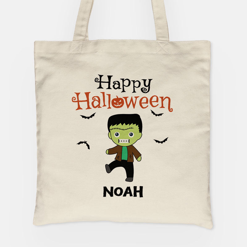 Happy Halloween, Custom Kids, Personalized Canvas Tote Bag, Halloween Bags for Kids