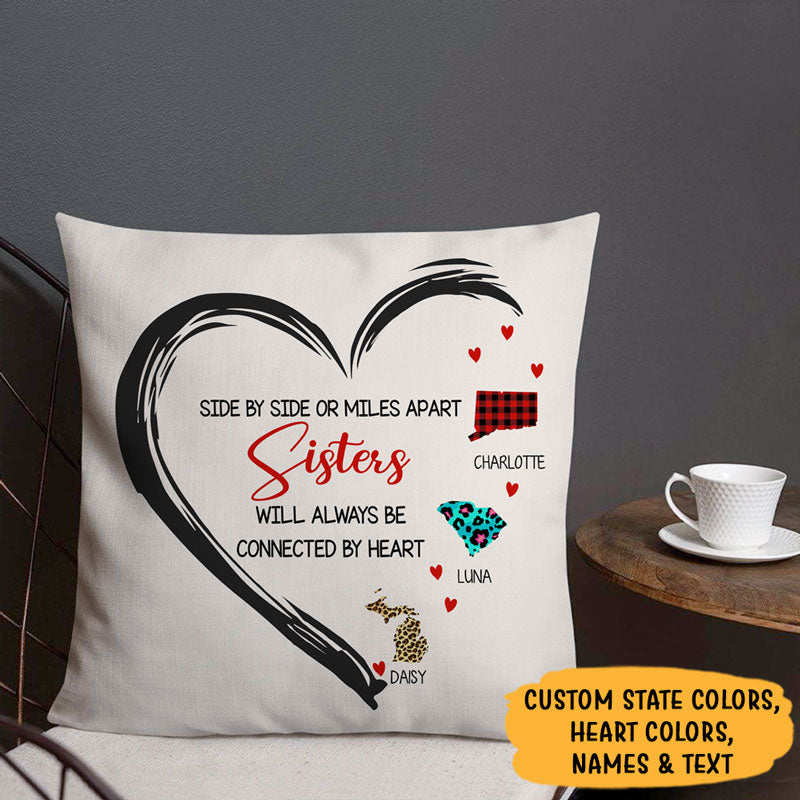 Side By Side or Miles Apart Connected By Hear, Personalized State Colors Pillow, Custom Moving Gift