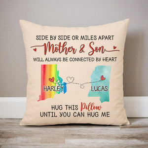 Family will always be connected by heart Long Distance, Hug This Pillow Personalized State Colors Pillow, Custom Moving Gift