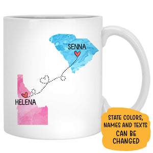 Sisters Long Distance Quotes Personalized State Colors Coffee Mug, Custom Moving Gift For Sister