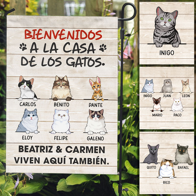 Welcome To The Cat House, Spanish Espanol, Personalized Cat Decorative Garden Flags