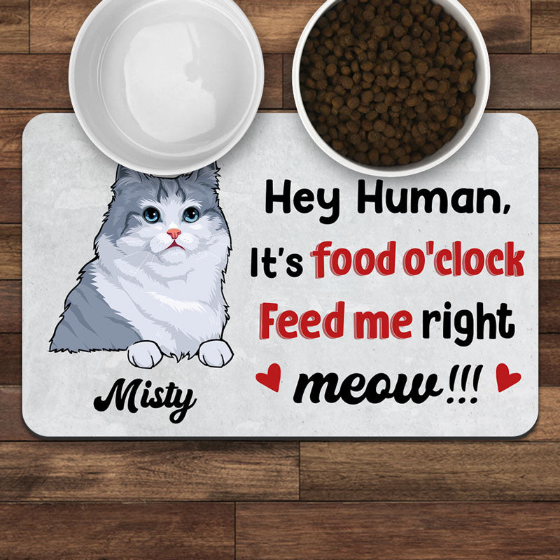 It's Food O'Clock Feed Me Right Meow, Personalized Pet Food Mat, Gifts For Cat Lovers