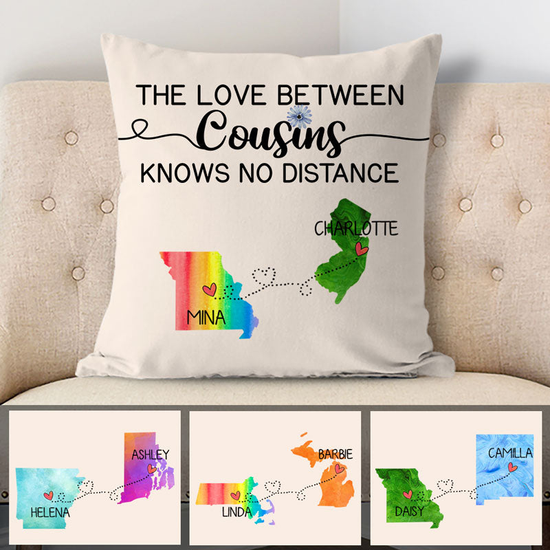 The love between Cousins Long Distance, Personalized State Colors Pillow, Custom Moving Gift