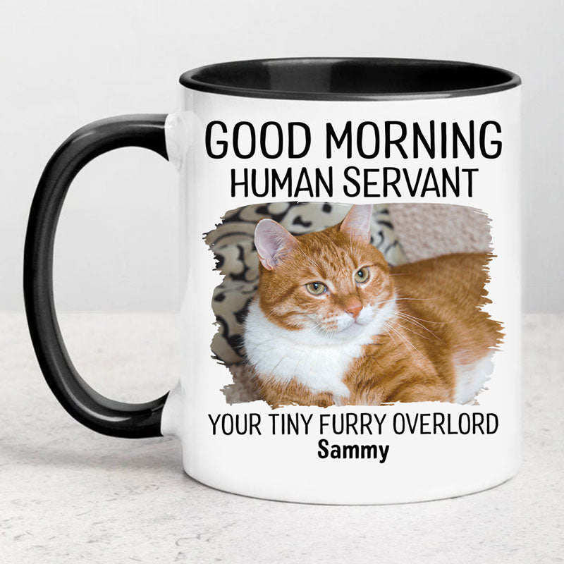 Good Morning Human Servant Your Tiny Furry Overlords, Personalized Accent Mug, Gifts For Pet Lovers, Custom Photo