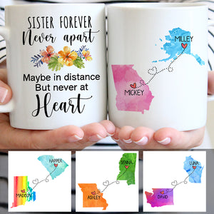 Sisters Long Distance Quotes Personalized State Colors Coffee Mug, Custom Moving Gift For Sister