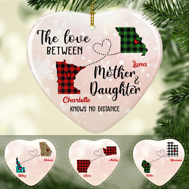 Mother and Daughter Long Distance Heart, Personalized State Ornaments, Custom Holiday Gift