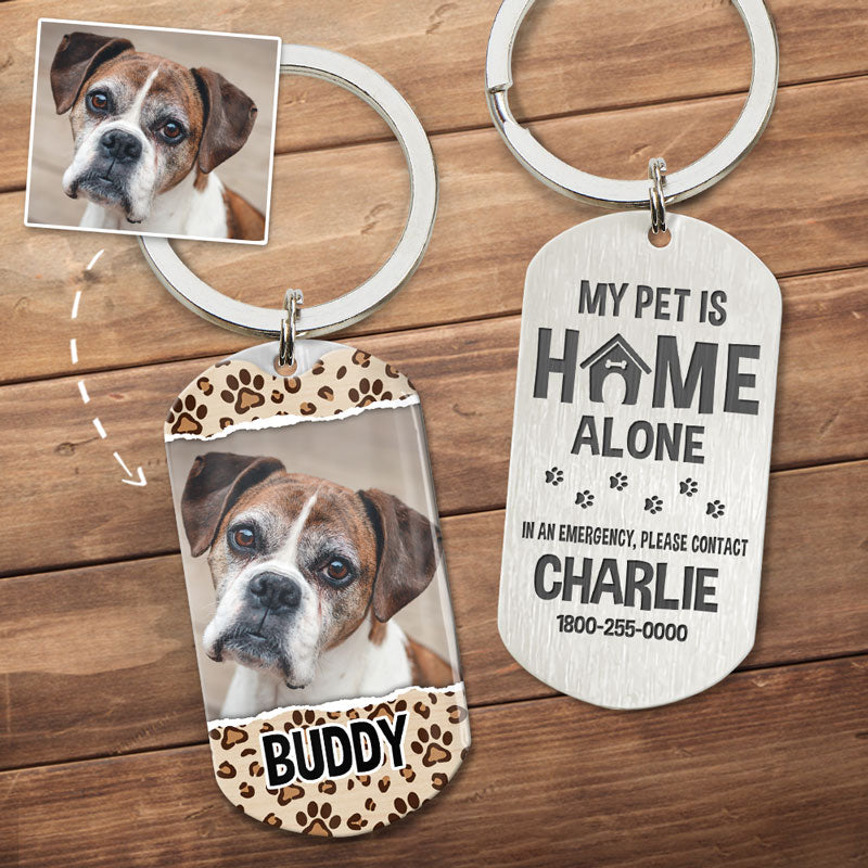 Pet Home Alone, Emergency Personalized Keychain, Gifts For Dog Lovers, Custom Photo