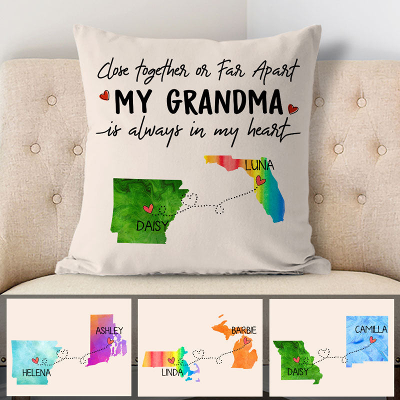 My Grandma is always in my heart, Personalized State Colors Pillow, Custom Long Distance Gift for Grandmother