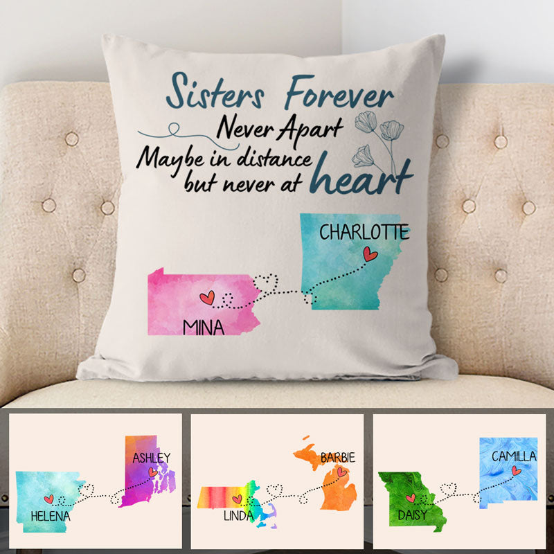 Long Distance Sisters Forever, Personalized State Colors Pillow, Custom Moving Gift For Sister