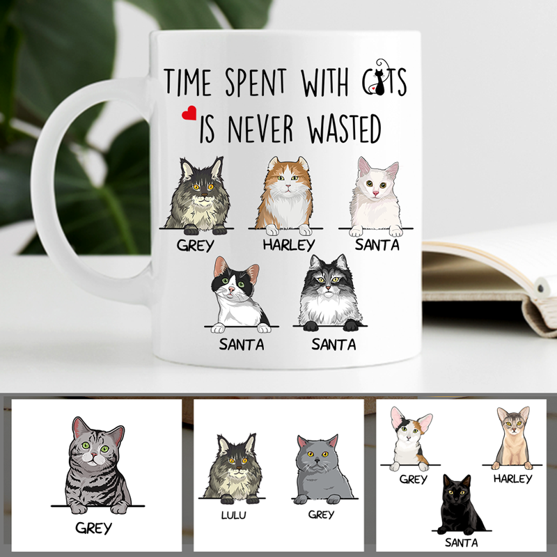 Time Spent With Cats Is Never Wasted, Custom Coffee Mug, Personalized Gifts for Cat Lovers