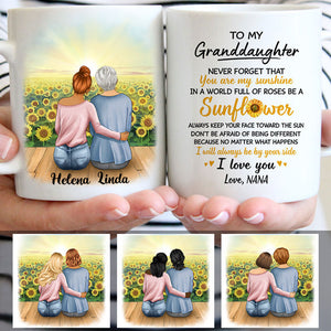 To my Granddaughter, Be a Sunflower, I will always be by your side, Sunflower field, Customized mug, Personalized gifts, Mother's Day gifts