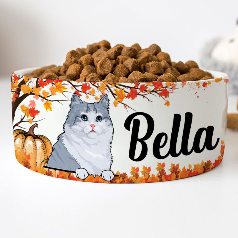 Personalized Custom Cat Bowls, Autumn Fall, Gift for Cat Lovers