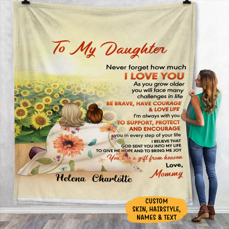 Personalized Gift To Daughter, Granddaughter Sunflower, Never Forget How Much I Love You, Custom Blanket