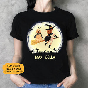 Dark Color Custom T Shirt, Witch and Golden Retriever, Personalized Gifts for Dog Lovers