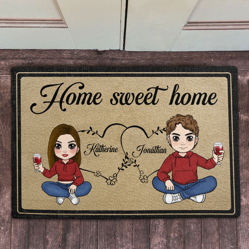 Chibi Drinking Couple Doormat, Personalized Gifts For Him, Anniversary Gifts For Her