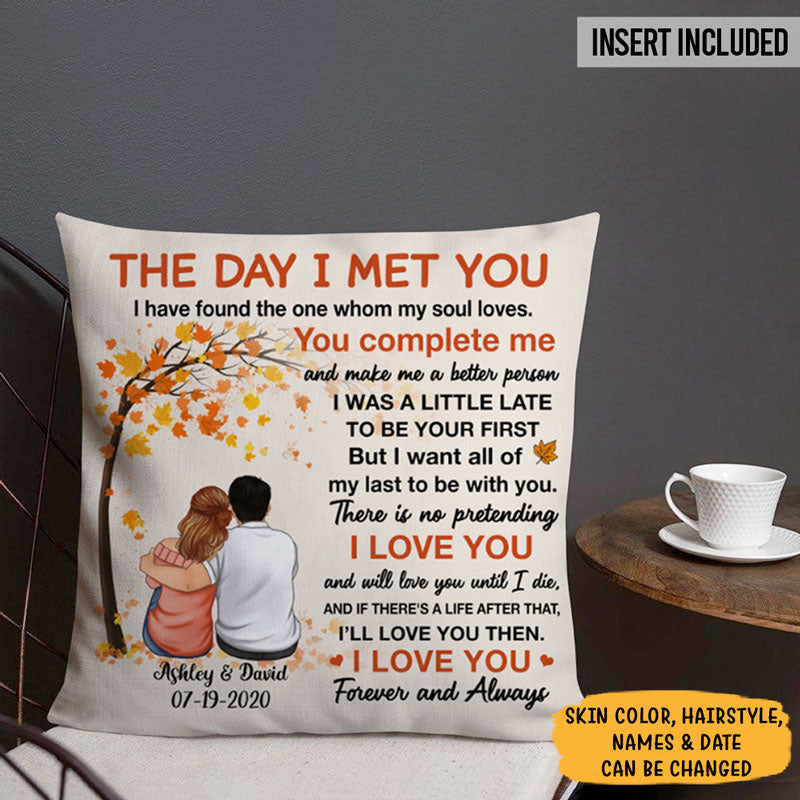 Personalized The Day I Met You Couple Pillow, Autumn Fall Tree, Anniversary Gifts