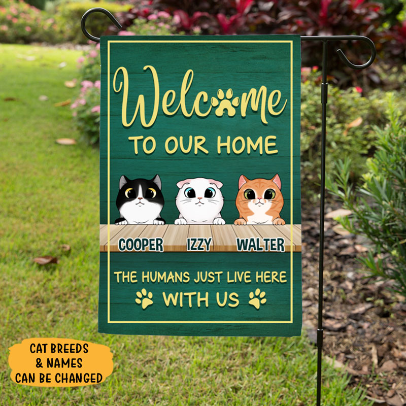 Welcome To Our Home, Green Background, Custom Flags, Personalized Cats Decorative Garden Flags