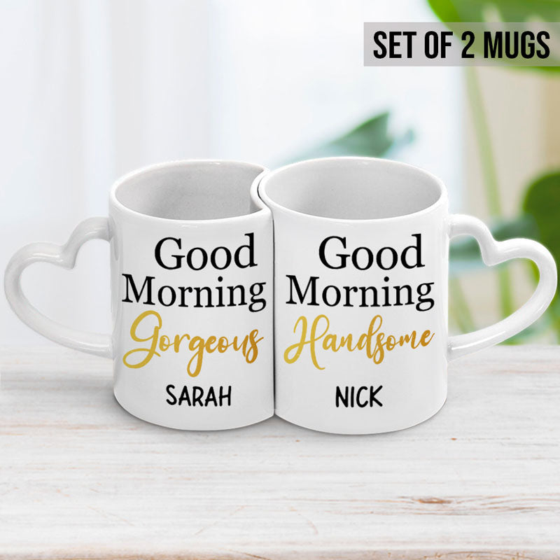 Good Morning Handsome, Good Morning Gorgeous, Personalized Heart Shaped Mug Set, Valentine's Day gift