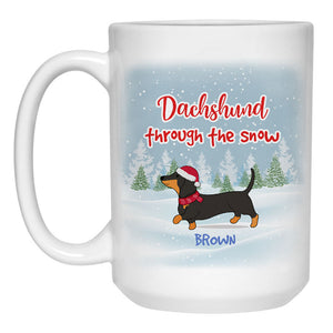 Dachshund through the snow, Personalized Coffee Mug, Custom Christmas Gift for Dog Lovers