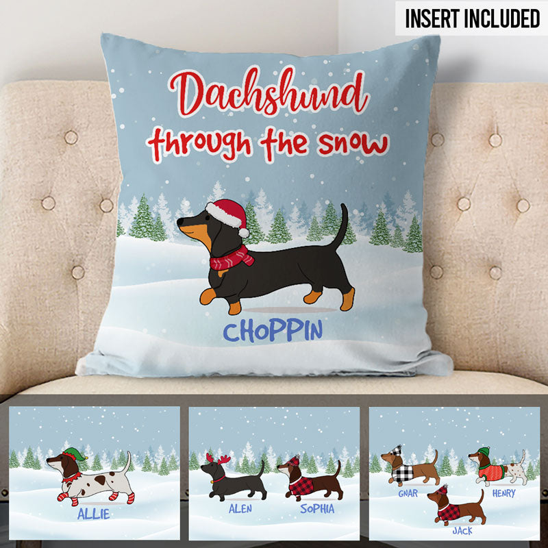 Dachshund Through The Snow, Personalized Pillows, Custom Christmas Gift for Dog Lovers