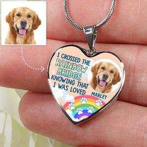 I Crossed The Rainbow Bridge, Pet Memorial, Custom Photo, Luxury Heart Necklace