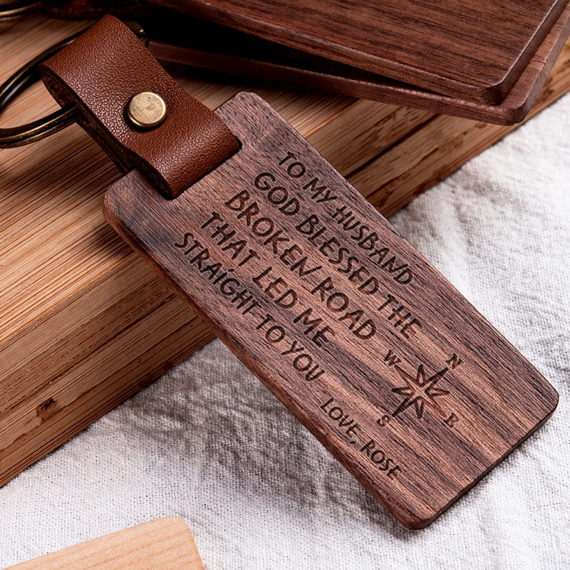 Blessed The Broken Road, Personalized Engraved Wood Keychain, Gifts For Him