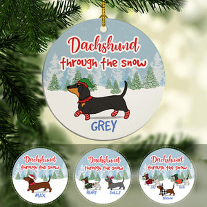 Dachshund Through The Snow, Personalized Circle Ornaments, Custom Christmas Gift for Dog Lovers